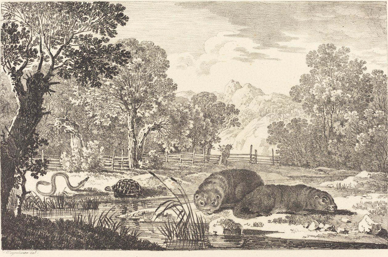 Paisagem fluvial com dois castores de Max Joseph Wagenbauer
