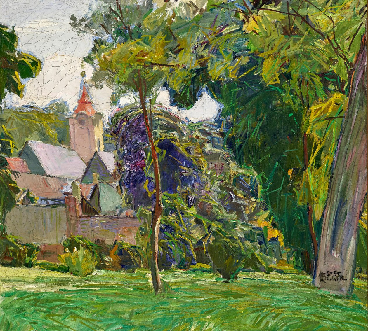 Paisagem do parque August Rieger com igreja de Max Kahrer
