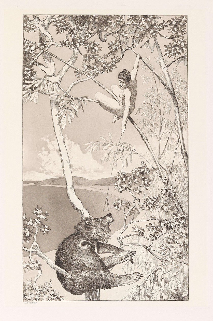 Urso e Elfo Bär und Elfe placa I de Intermezzos, Opus IV Intermezzi, Opus IV, c. 1880. de Max Klinger
