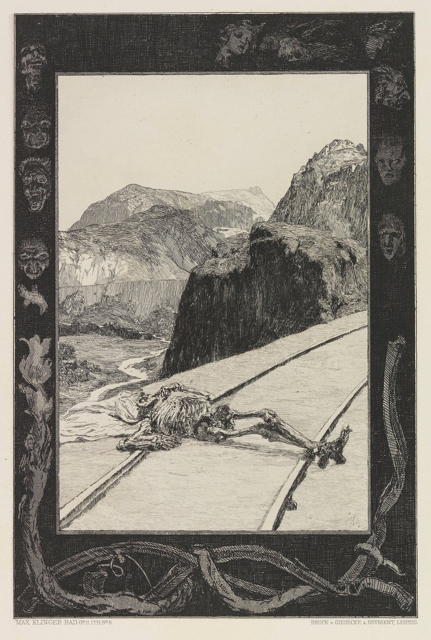 Nas Trilhas, placa 8 do portfólio Da Morte, Parte I, Opus XI, 1897. de Max Klinger