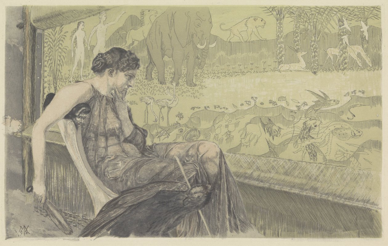 Penélope, perdida em pensamentos, olha para seu tear de Max Klinger