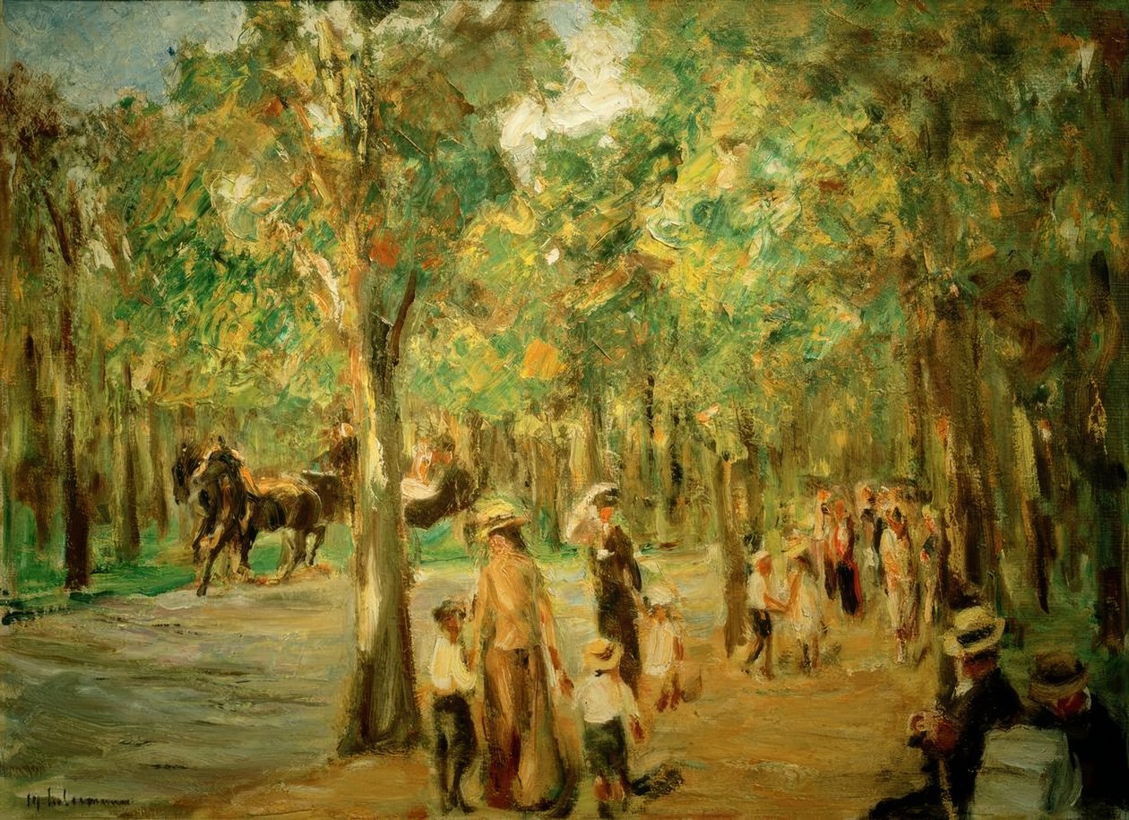 Beco no Tiergarten com caminhantes e transporte de Max Liebermann