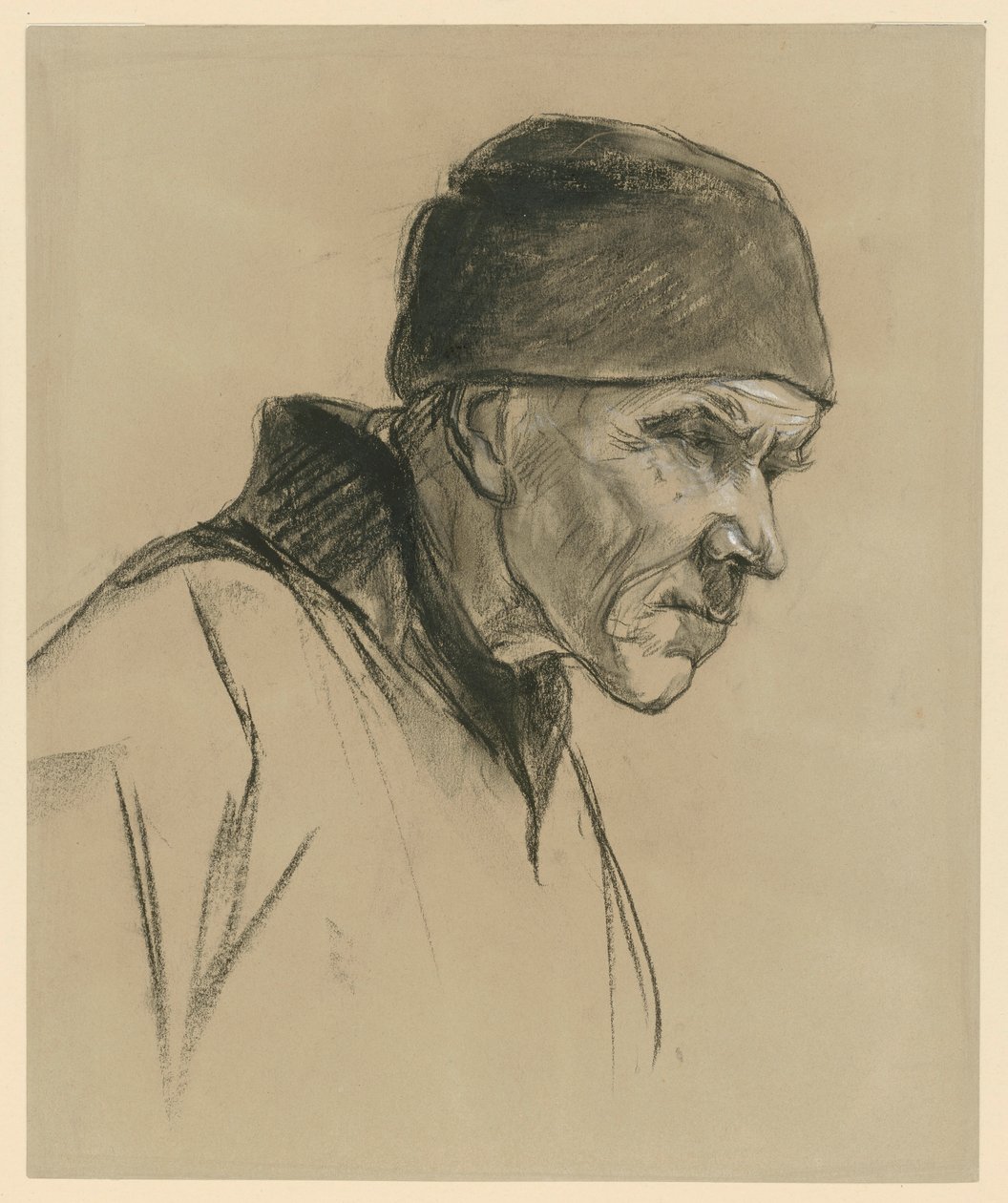 Homem idoso com boné (retrato de busto, perfil para a direita), estudo para: Camponês a caminhar (1894) de Max Liebermann