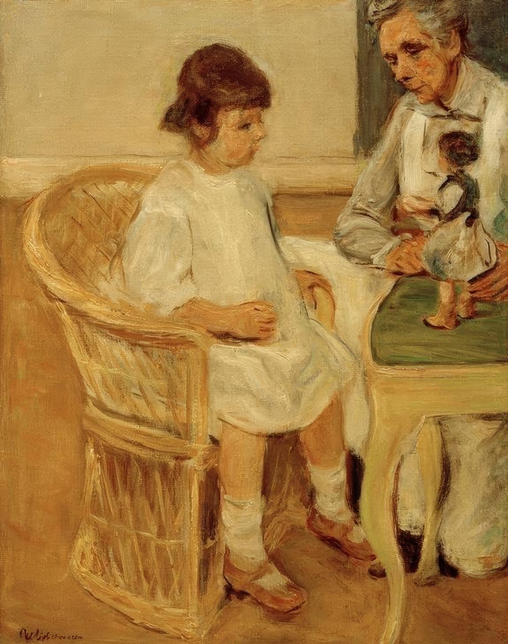 A neta do artista em uma cadeira de vime à direita de Max Liebermann