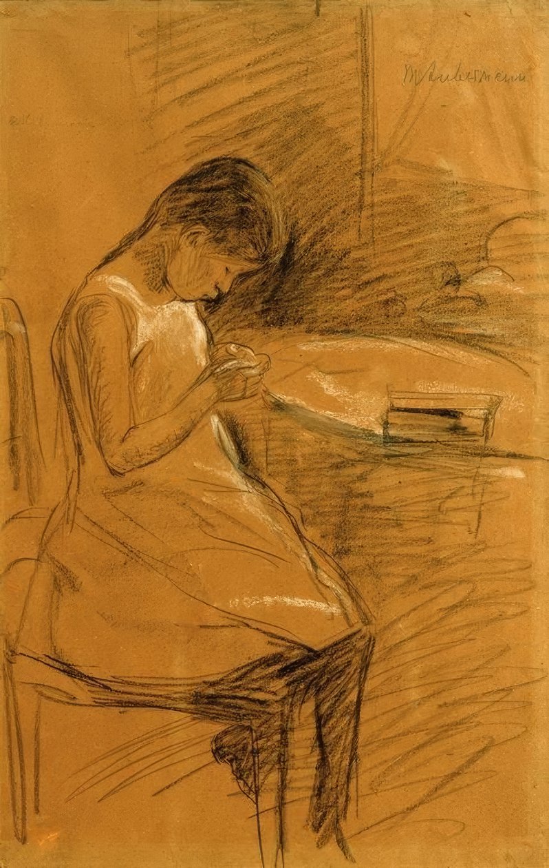 A filha do artista, costurando de Max Liebermann