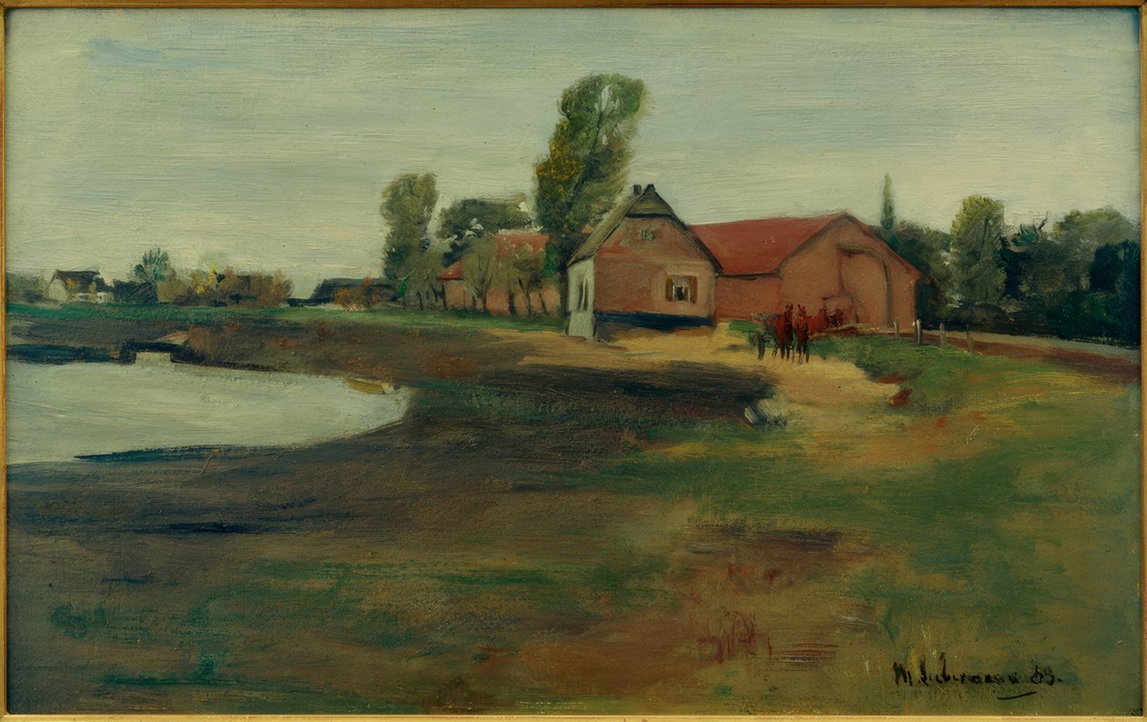 Rua da vila em Militsch (paisagem com lago) de Max Liebermann