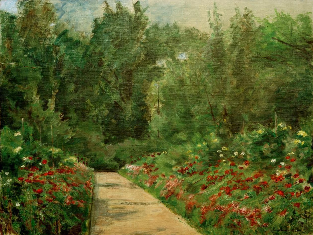 Camas de jardim com caminho e flores de Max Liebermann