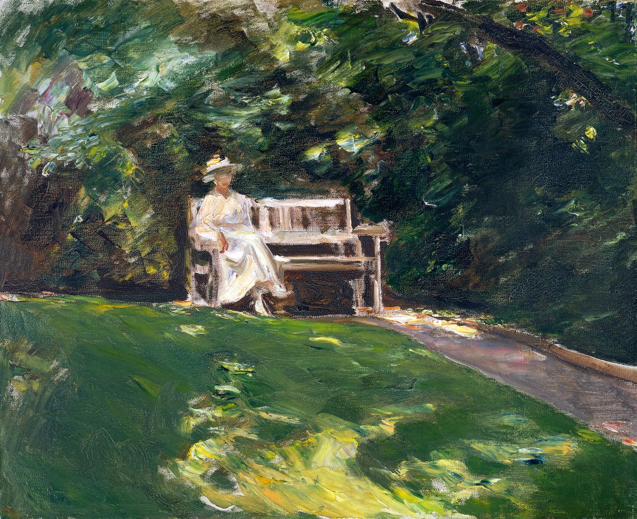 Figura da sua filha num banco branco de jardim de Max Liebermann