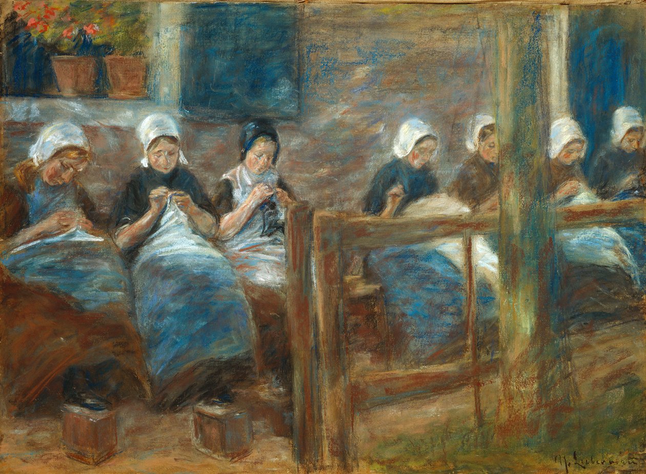 Meninas costurando em Huizen de Max Liebermann