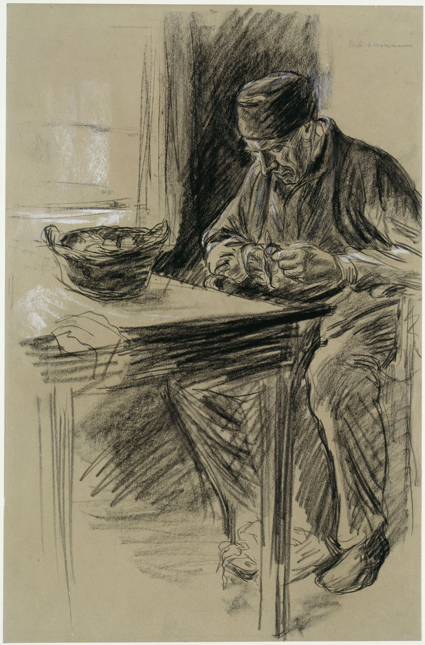 Um senhor idoso a descascar batatas em Laren de Max Liebermann
