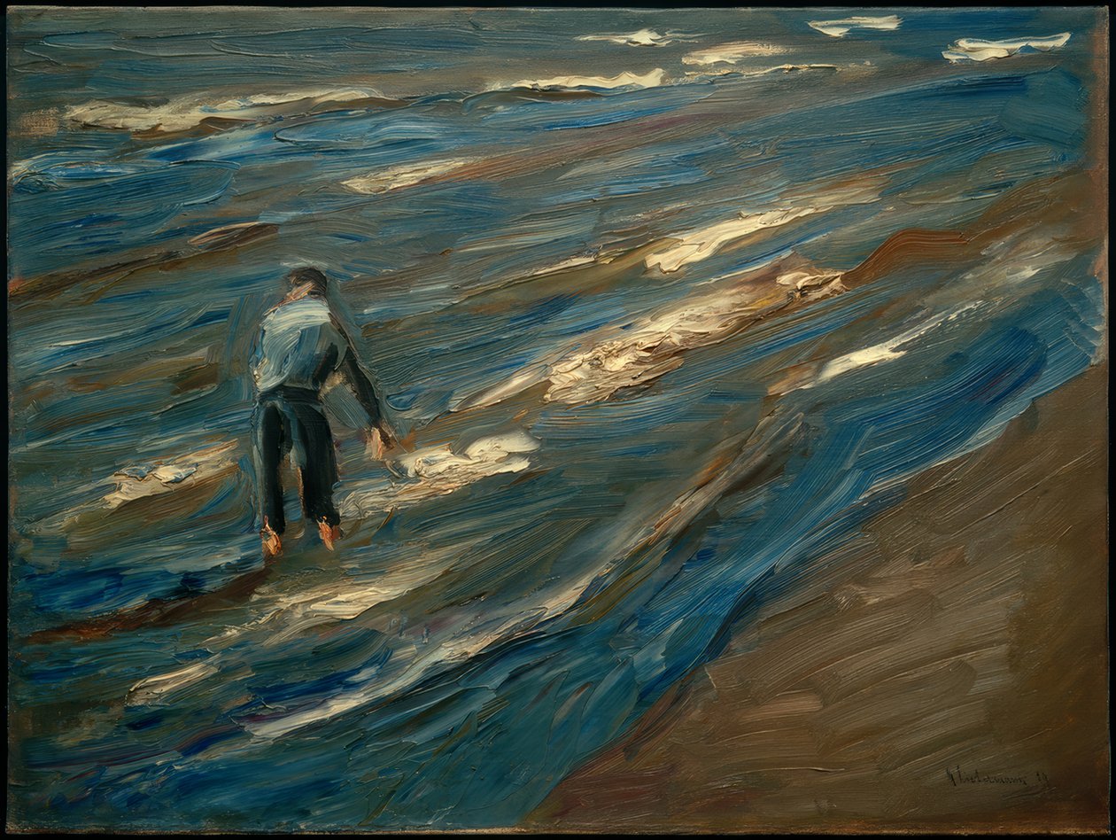 Pescador de mexilhão na praia - lago azul de Max Liebermann
