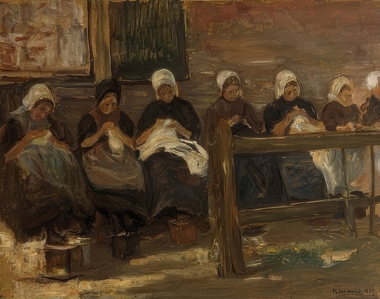 Meninas de costura em Huyzen - estude com sete figuras. 1889 de Max Liebermann
