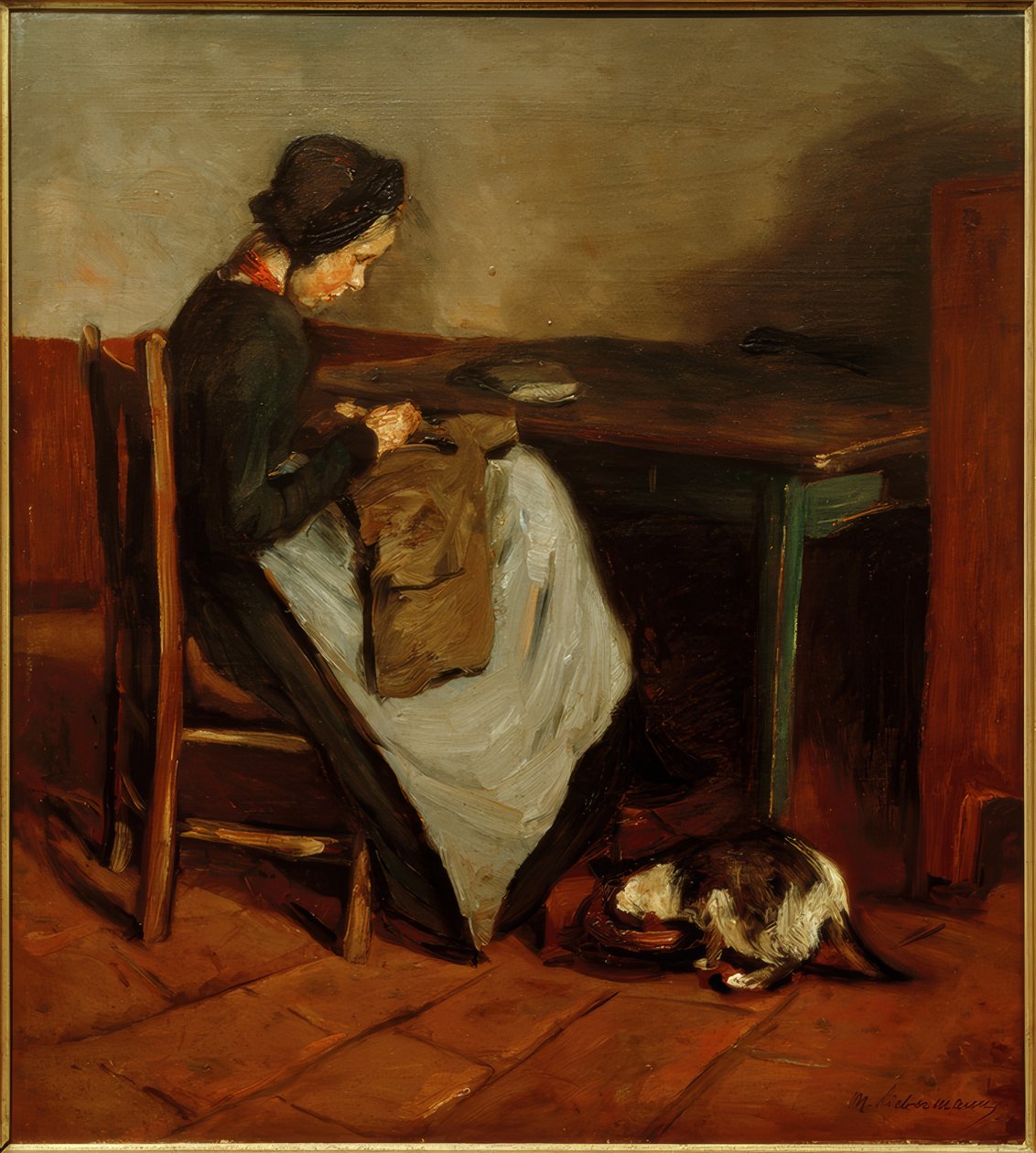Menina de costura com gato - interior holandês de Max Liebermann