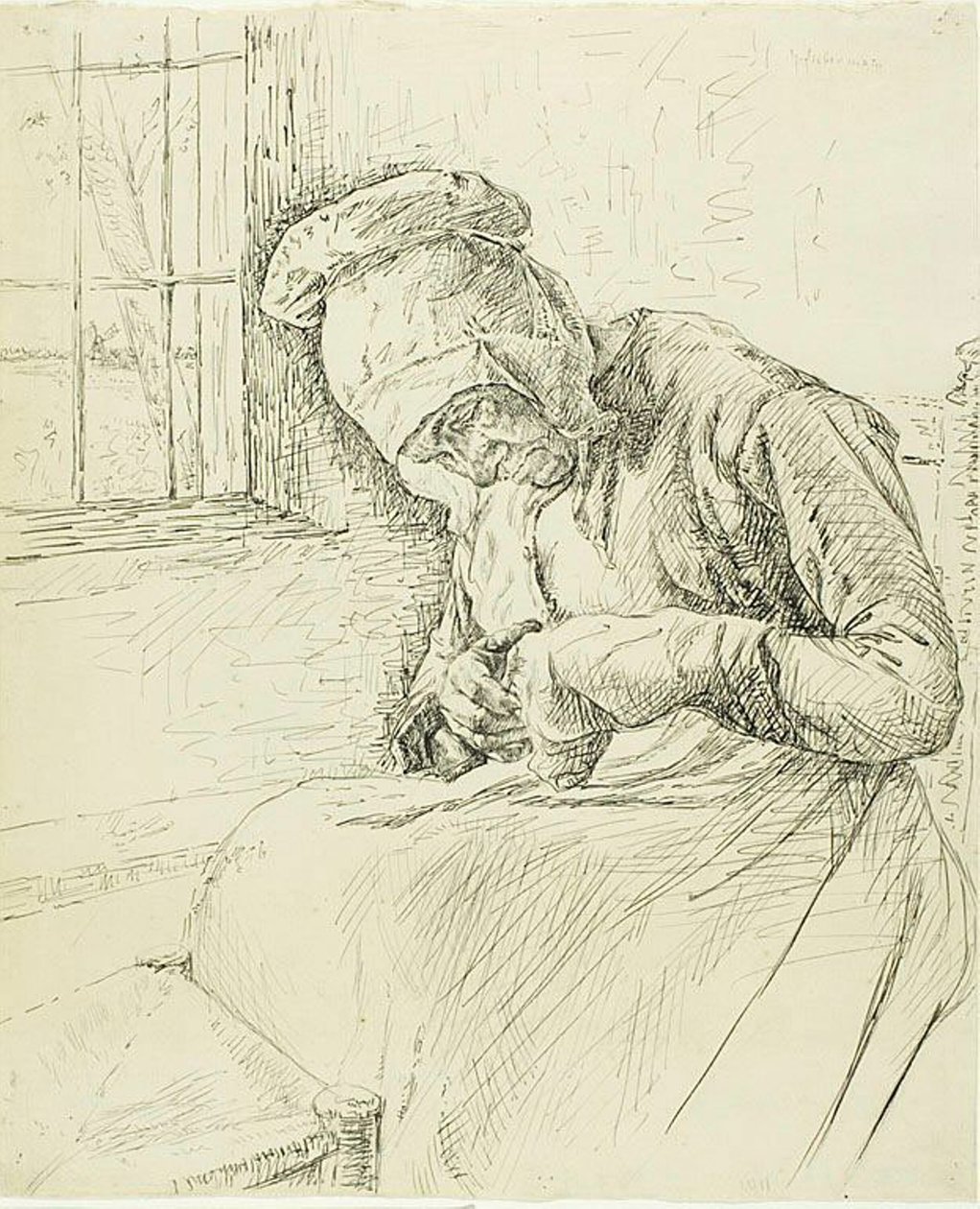 Mulher velha remendando na janela de Max Liebermann
