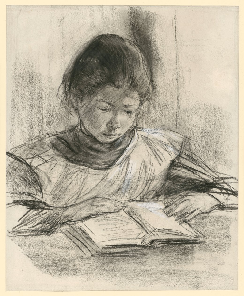 Retrato da filha do artista. Retrato de meio corpo, de frente, sentada à mesa e a ler de Max Liebermann