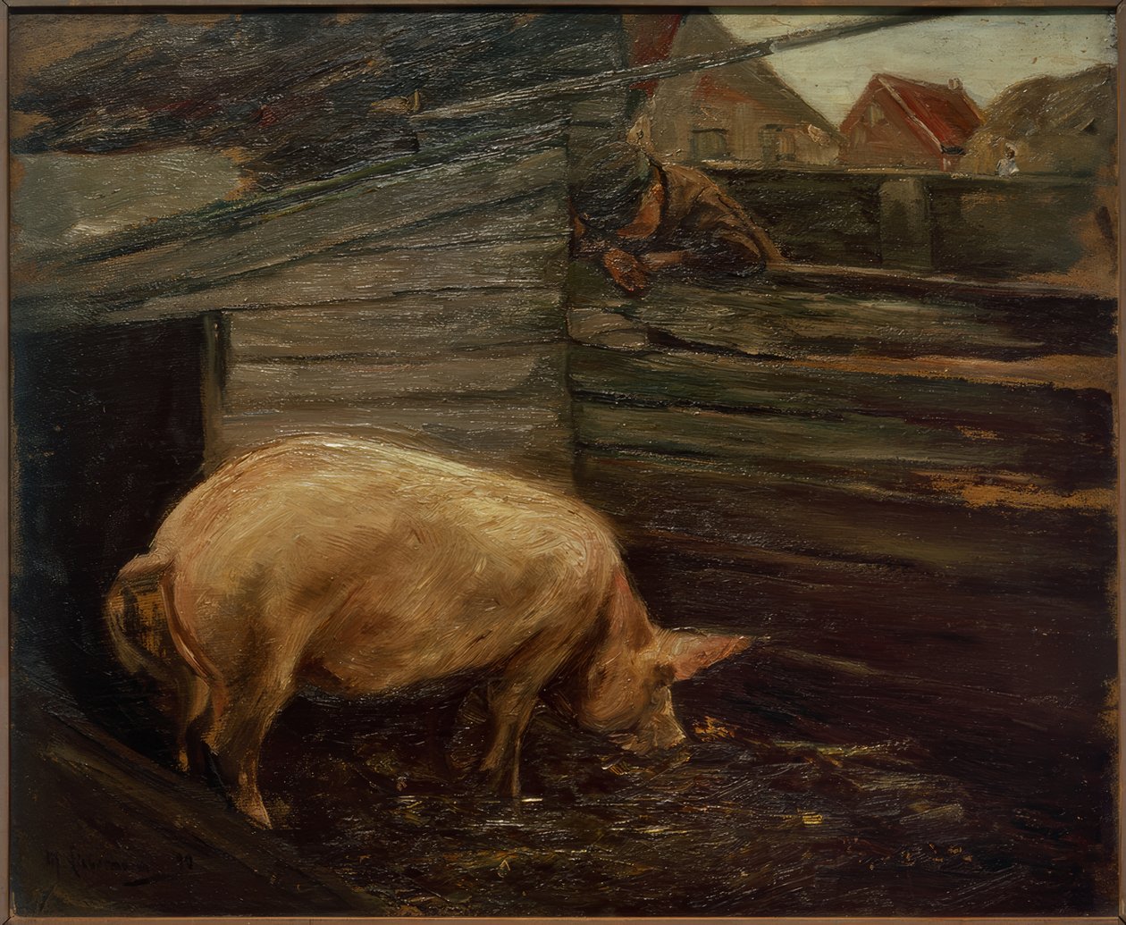 Schweinekoben com meninos do fazendeiro de Max Liebermann
