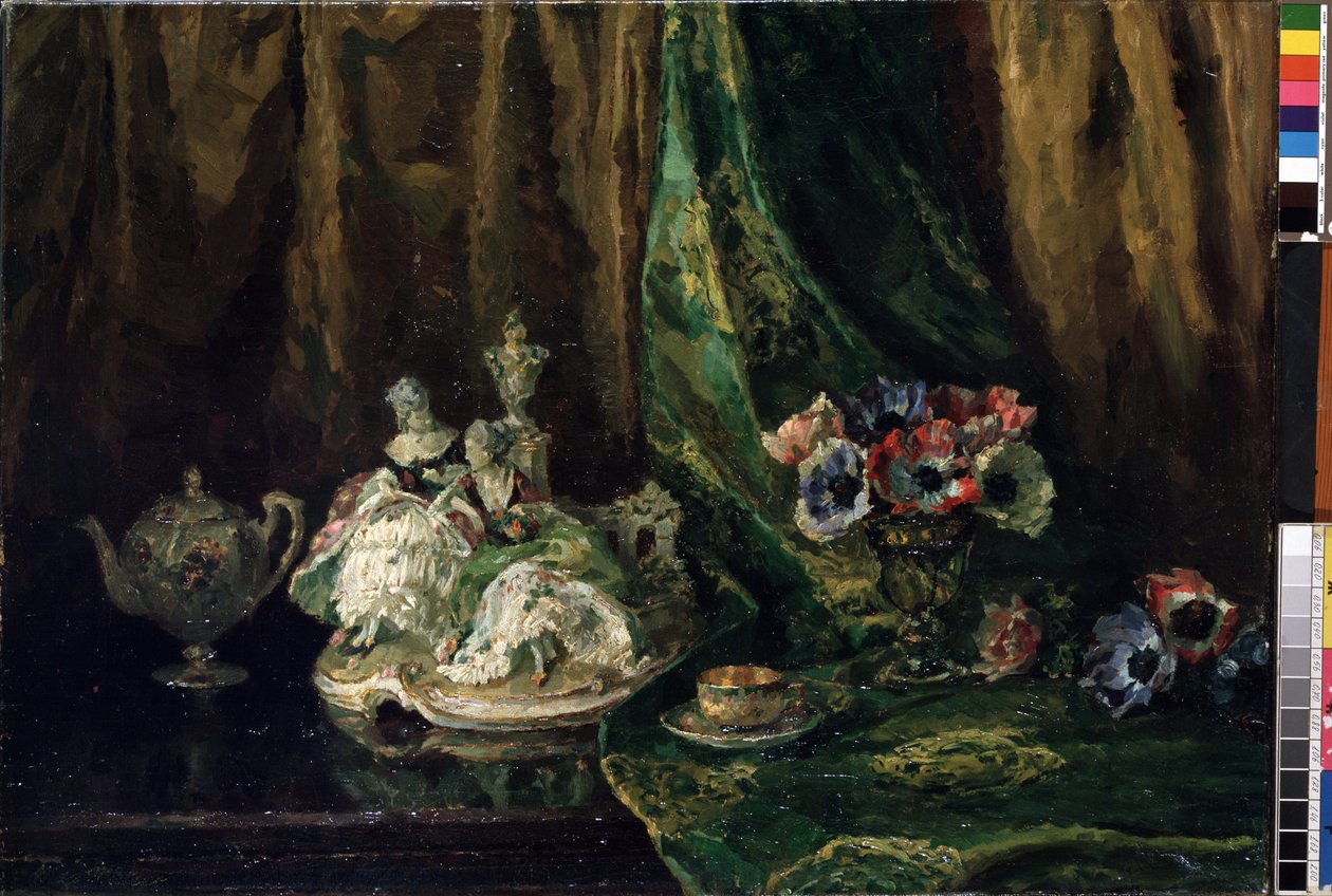 "Natureza morta com porcelana e flores" (Natureza morta com porcelana e flores) Pintura de Max Muller (1871-1938) (ec. todos.) Óleo sobre tela. Museu de Belas Artes Mikalojus Konstantinas Ciurlionis, Kaunas, Lituânia de Max Müller