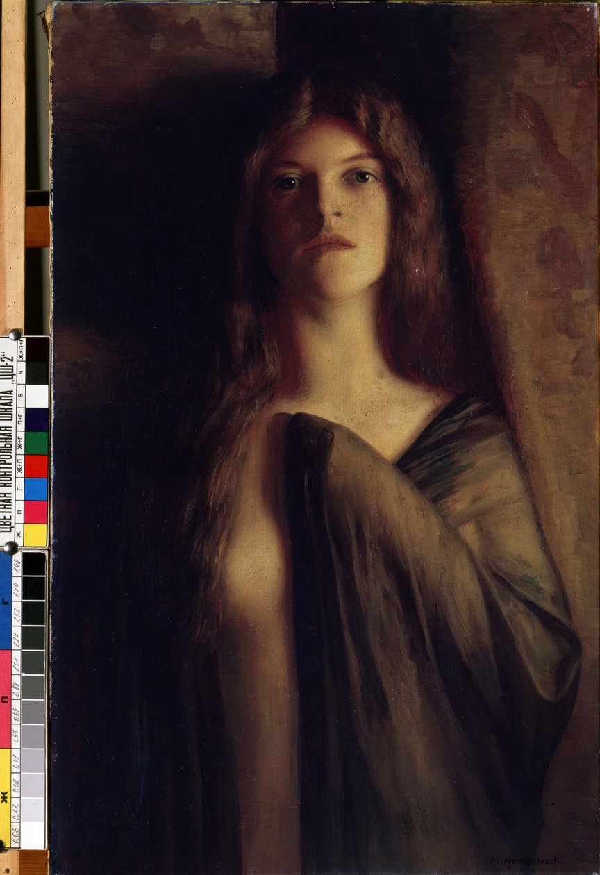 Retrato de uma jovem"" (Retrato de uma menina) Jovem com uma expressão triste e sombria, vestida com um véu transparente. Pintura de Max Nonnenbruch (1857-1922) (arte nova) Óleo sobre tela. Museu de Belas Artes Mikalojus Konstantinas Ciurlionis, Kaun de Max Nonnenbruch