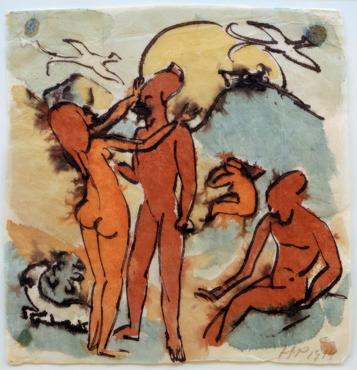 Cena de banho com pássaros timoneiros de Max Pechstein