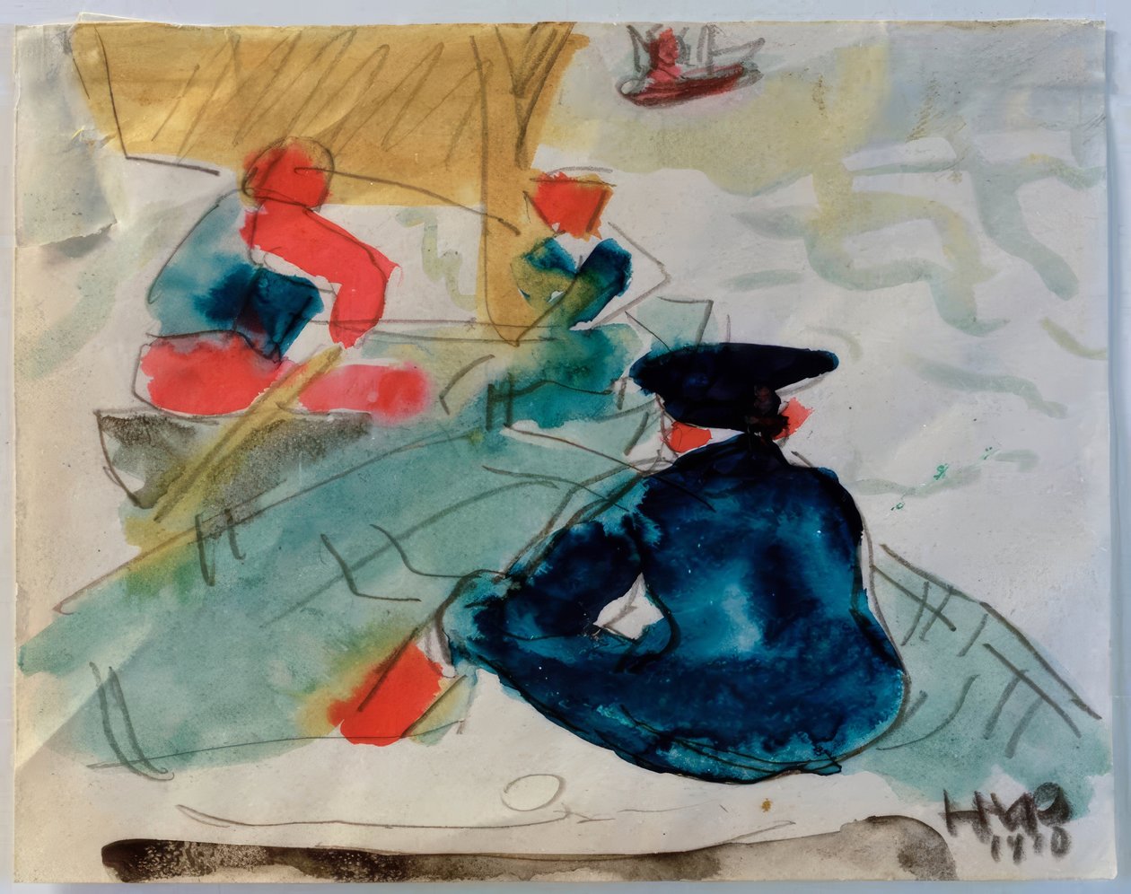 Pescadores sentados no barco de Max Pechstein