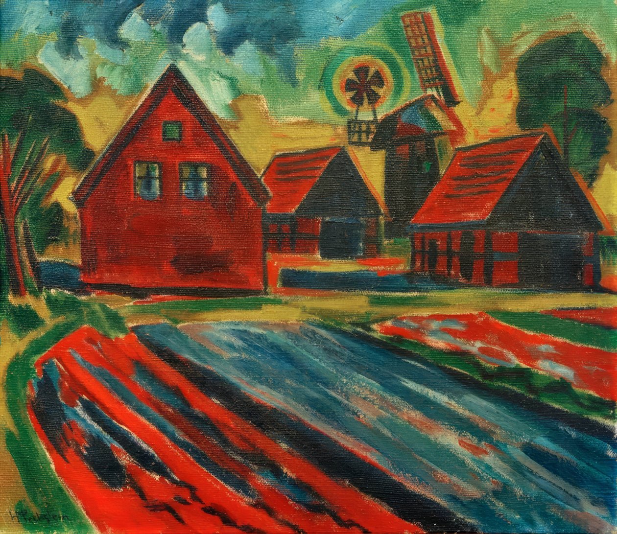 Casas vermelhas com moinho de vento de Max Pechstein