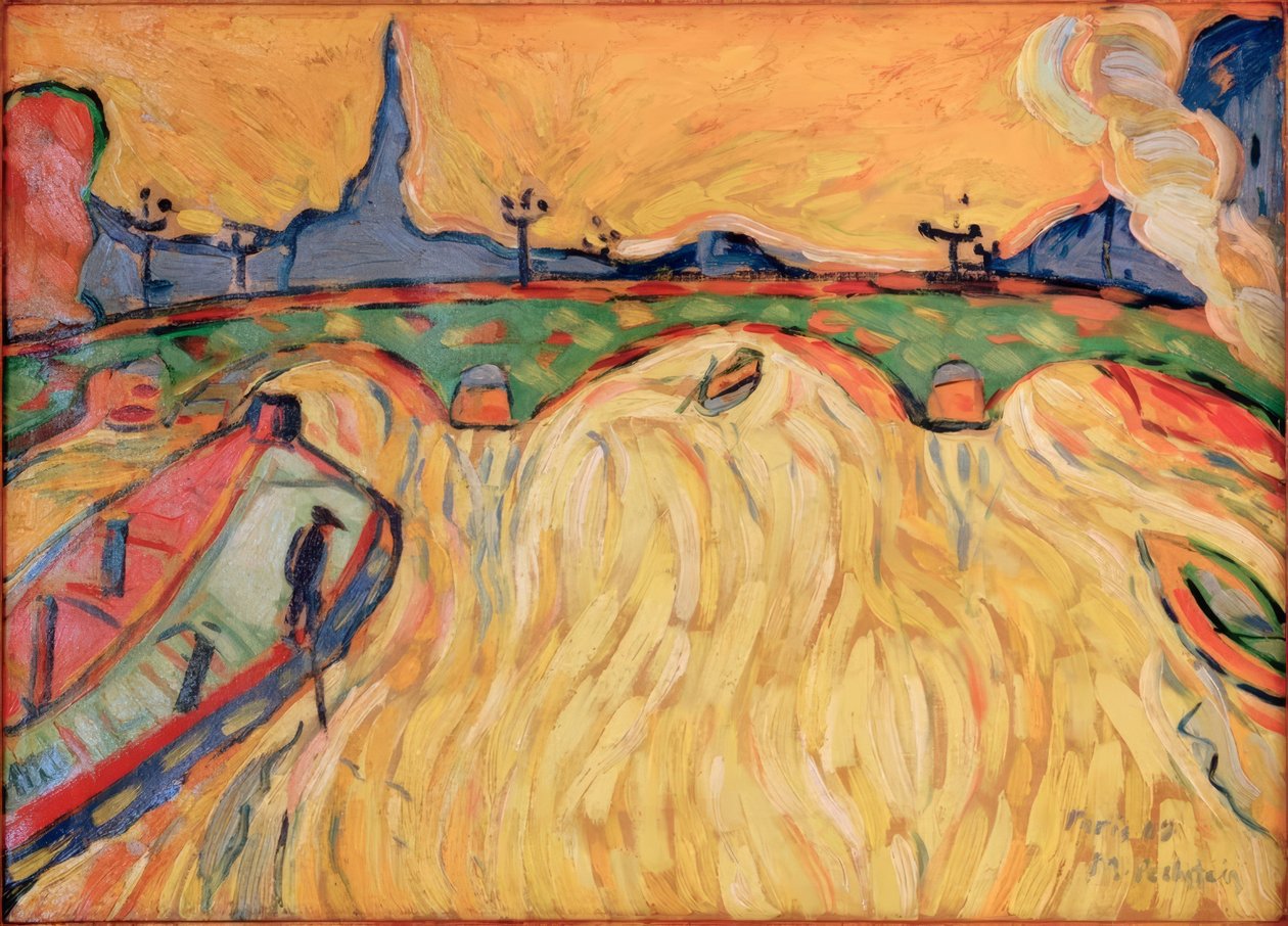 Com a sua ponte e barcos de carga de Max Pechstein