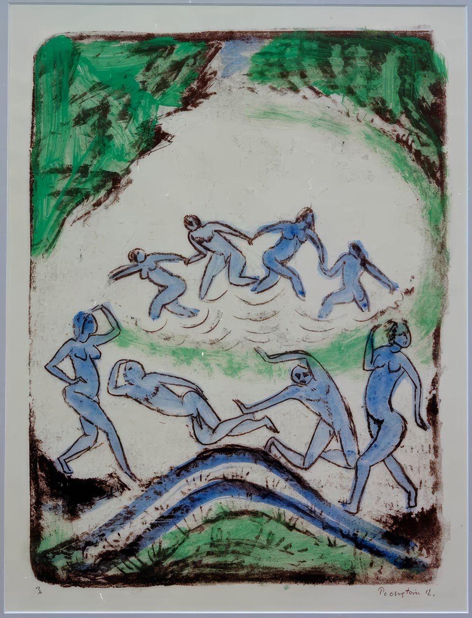 Dançando e tomando banho no lago da floresta de Max Pechstein