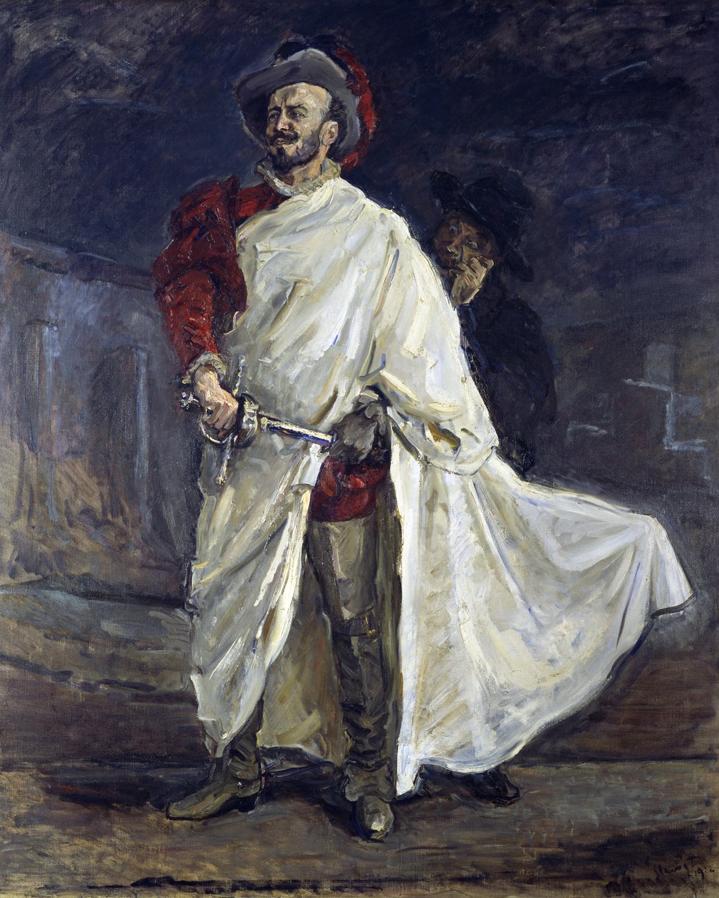 Don Juan com Leporello no adro da igreja, a zombar da estátua do Comtur de Max Slevogt