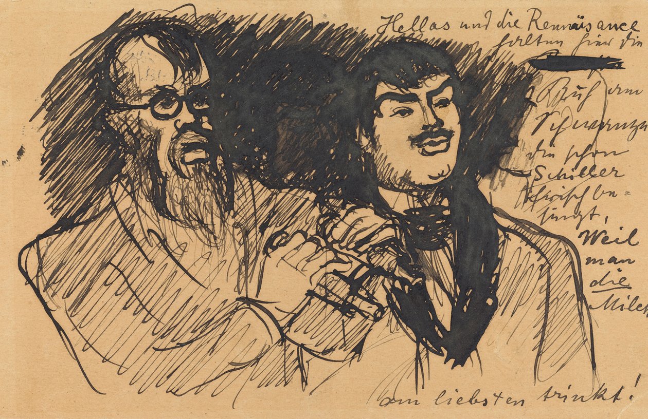 Drei Lenbach-Karikaturen: a) Brustbild; b) Ganzfigur; c) zusammen mit Stuck de Max Slevogt