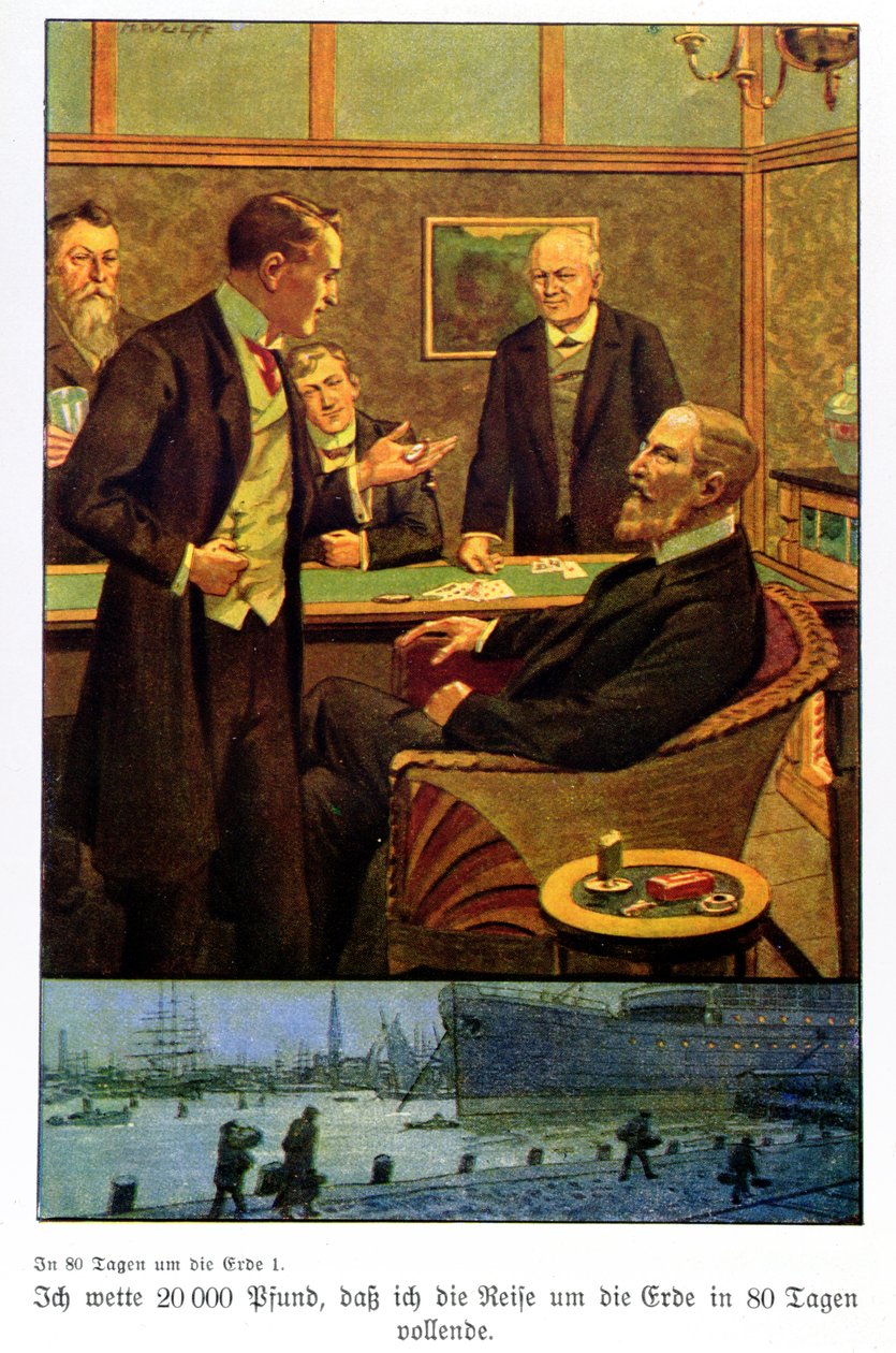 Phileas Fogg aposta no Reform Club que pode dar a volta ao mundo em 80 dias, ilustração de uma edição publicada em Berlim de Max Wulff
