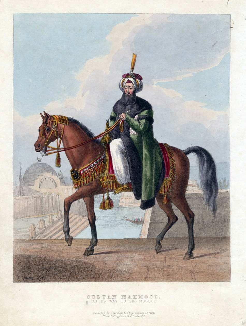 Retrato de Mahmud II (1785-1839) (Mahmoud II), Sultão do Império Otomano - Oeuvre de M. Gauci (século XIX activo) - 1829 - Litografia a cores - 26x20 - Colecção Privada de Maxim Gauci