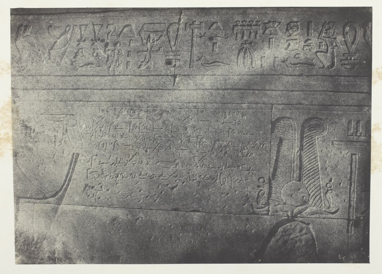 Grande Templo de Ísis em Filo, inscrição demótica; Núbia, chapa 76 do álbum "Egypte, Nubie, Palestine et Syrie" (1852) de Maxime Du Camp