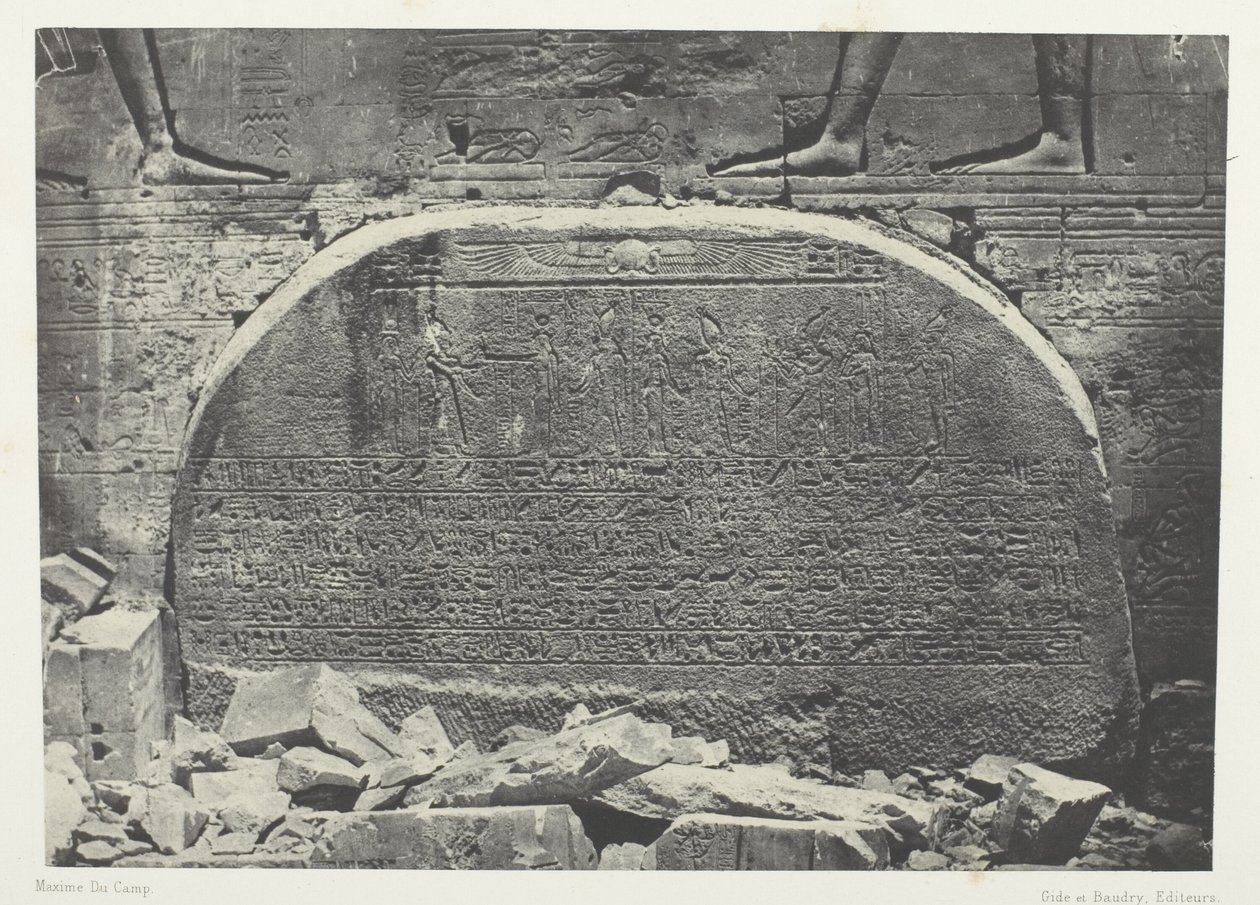 Grande Templo de Ísis em Philoe, Proscynema (Ato de Adoração); Núbia, chapa 75 do álbum "Egypte, Nubie, Palestine et Syrie" (1852) de Maxime Du Camp
