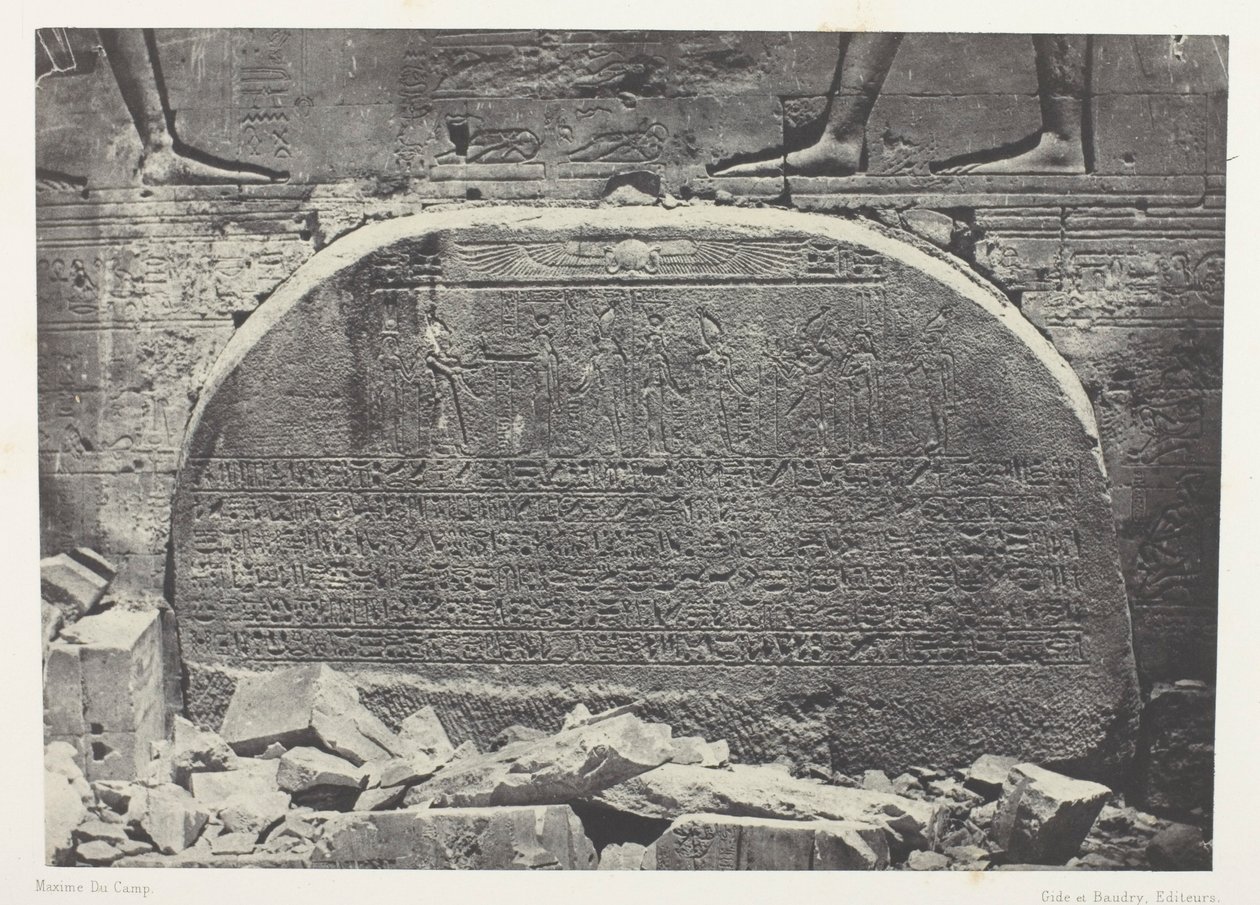 Grande Templo de Ísis em Philoe, Proscynema (Ato de Adoração); Núbia, chapa 75 do álbum "Egypte, Nubie, Palestine et Syrie" (1852) de Maxime Du Camp