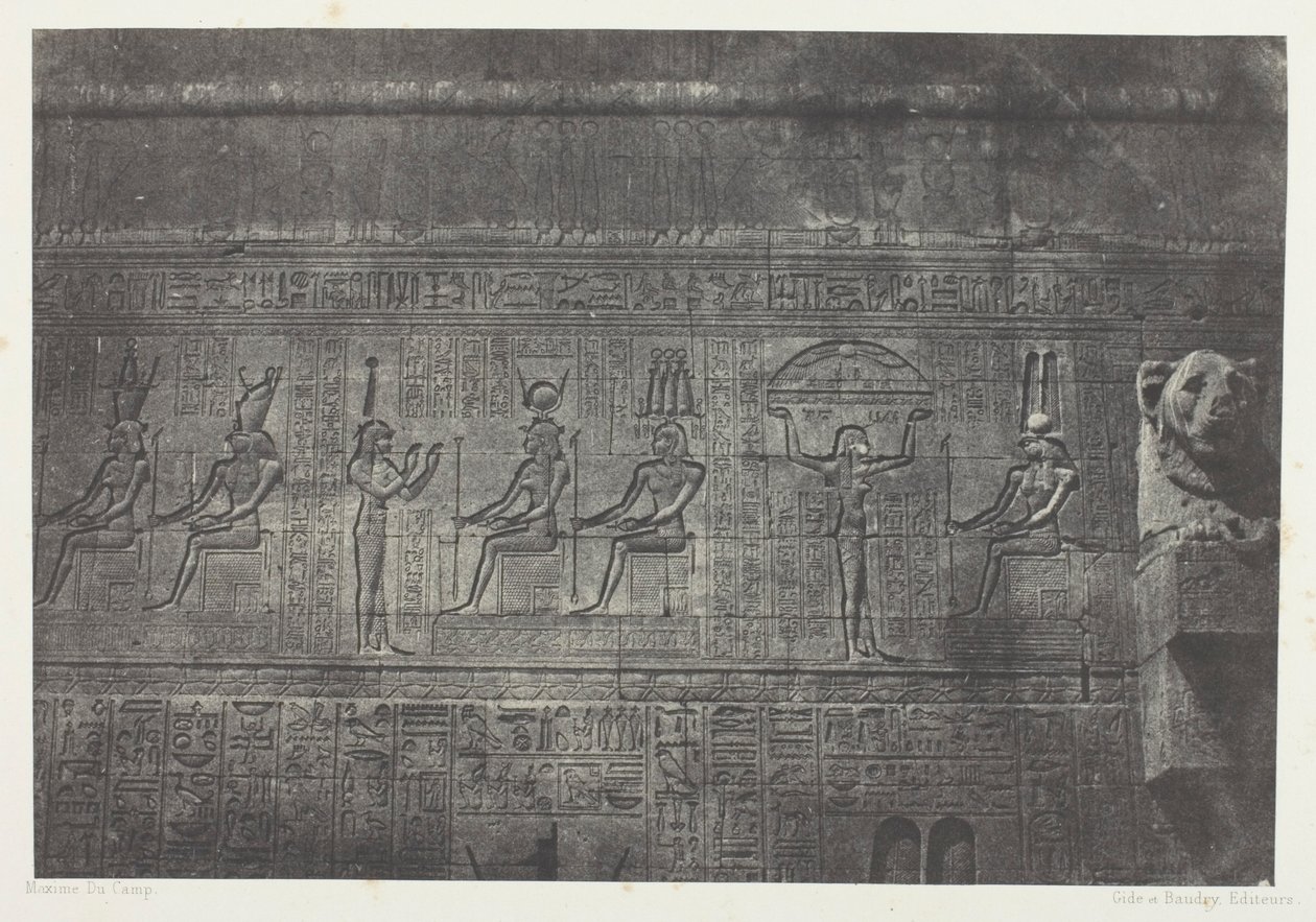 Grande Templo de Denderah (Teutyres), esculturas da fachada posterior; Alto Egito, placa 20 do álbum "Egypte, Nubie, Palestine et Syrie" (1852) de Maxime Du Camp