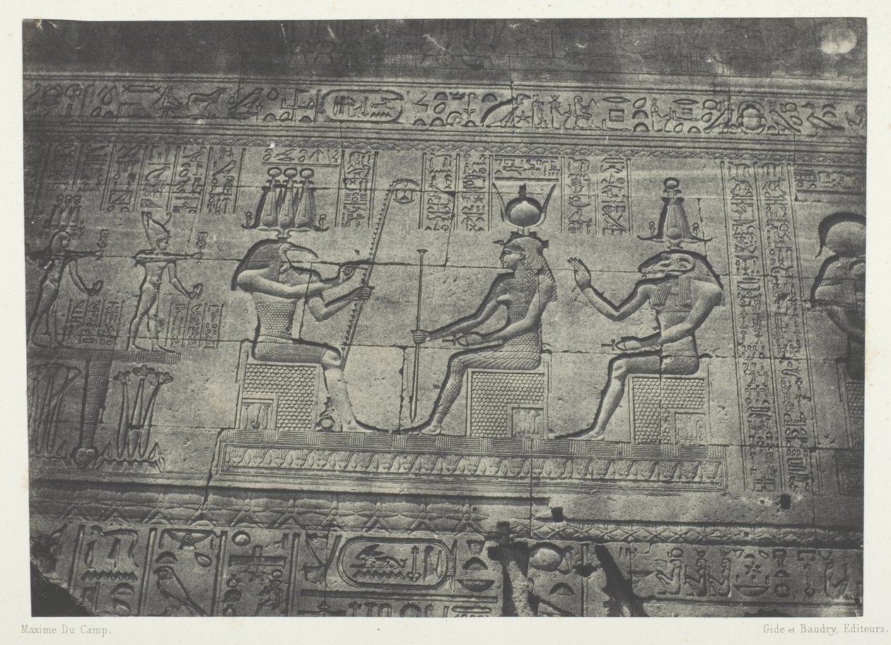 Grande Templo de Denderah (Teutyres), esculturas da fachada posterior; Alto Egito, placa 19 do álbum "Egypte, Nubie, Palestine et Syrie" (1852) de Maxime Du Camp