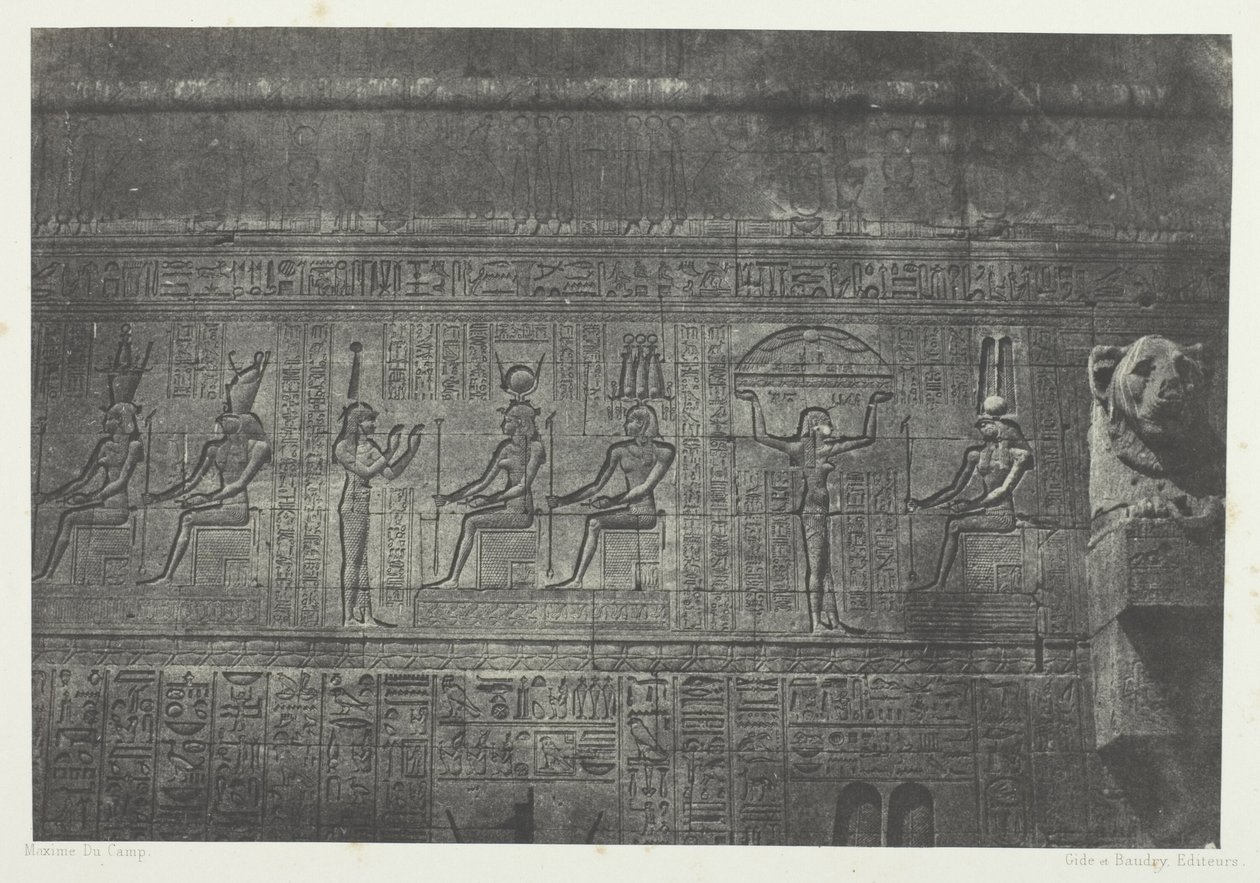Grande Templo de Denderah (Teutyres), esculturas da fachada posterior; Alto Egito, placa 20 do álbum "Egypte, Nubie, Palestine et Syrie" (1852) de Maxime Du Camp