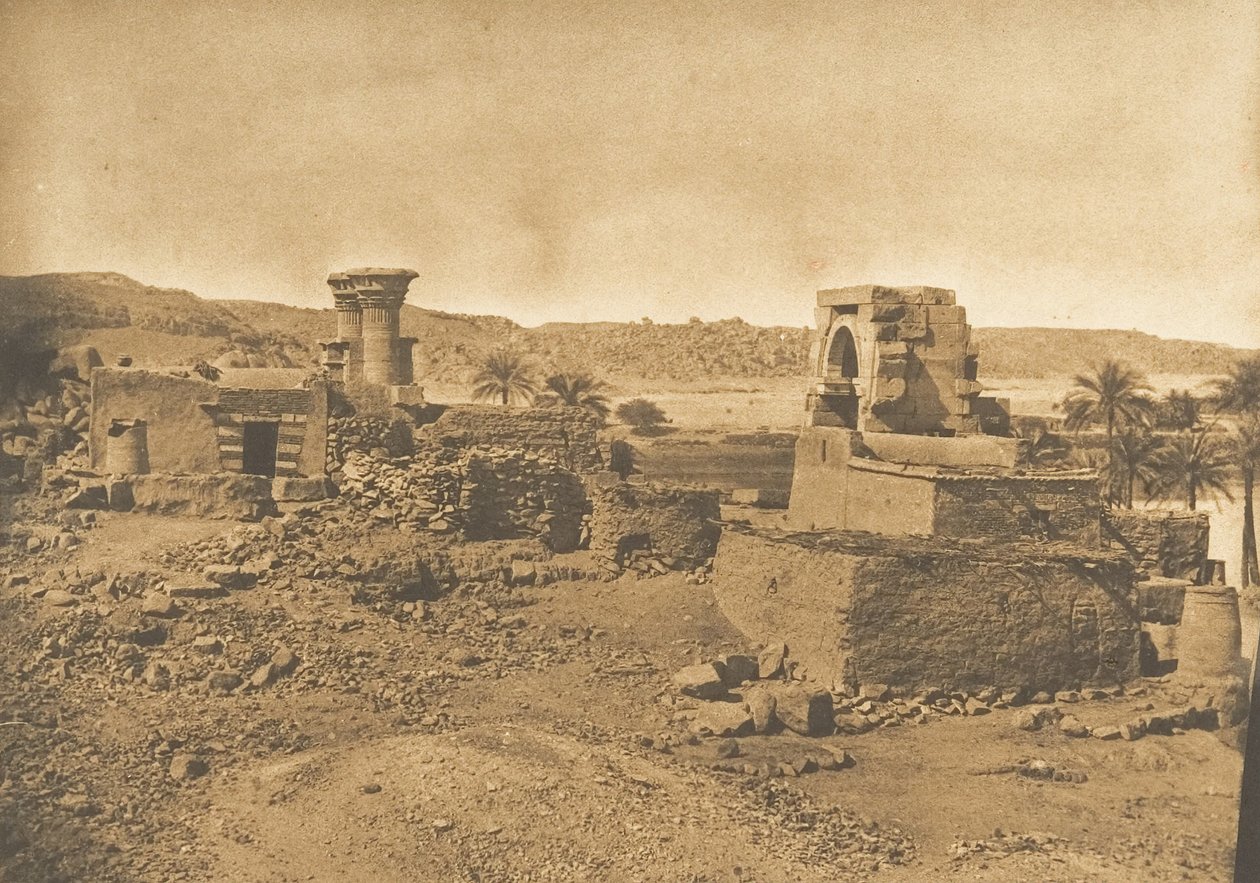 Ruínas e aldeia de Begueh, pequena ilha a oeste de Philae, 11 de Abril de 1850. de Maxime Du Camp