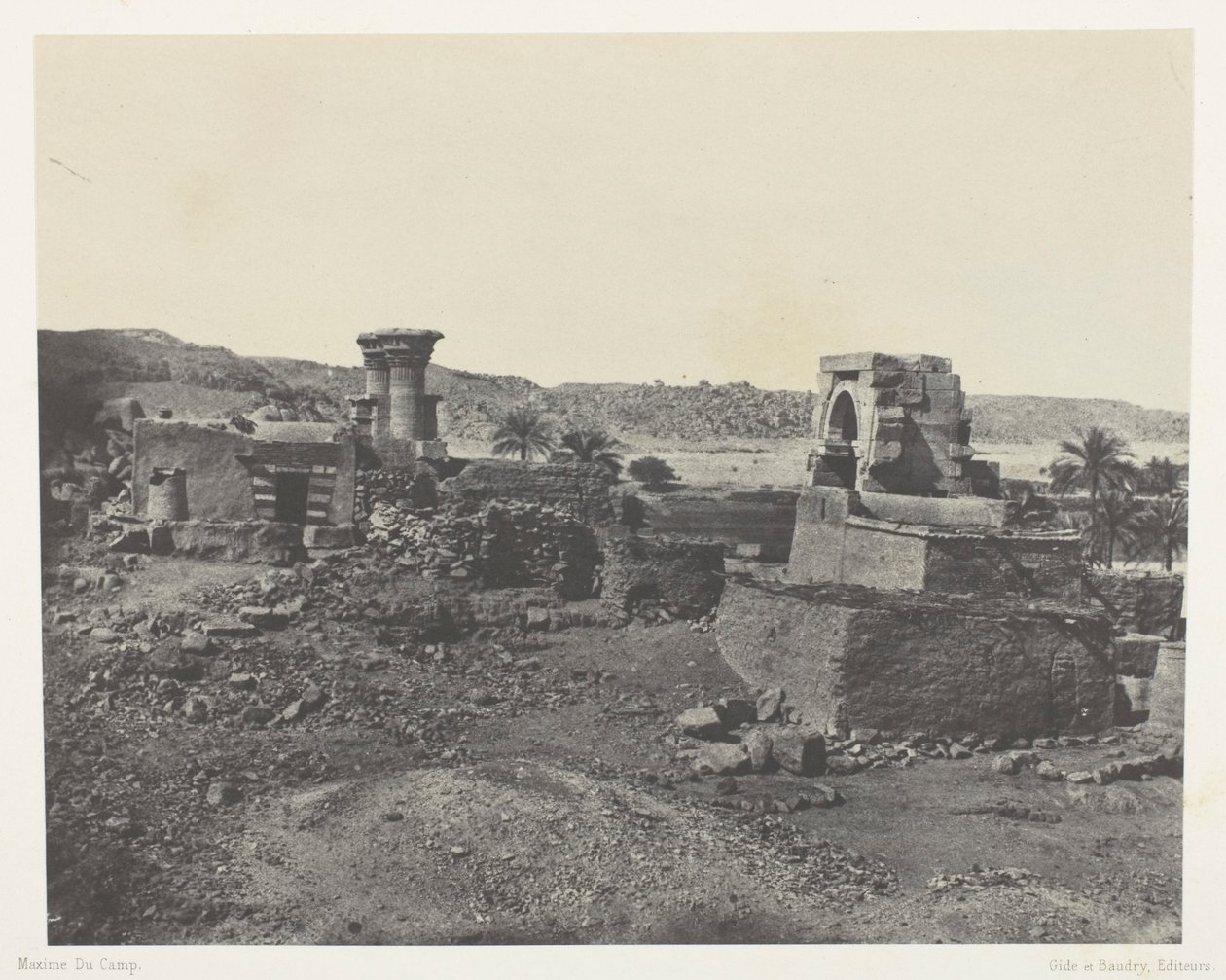 Aldeia e templo na ilha de Beghé, a oeste de Philoe; Núbia, chapa 81 do álbum "Egypte, Nubie, Palestine et Syrie" (1852) de Maxime Du Camp