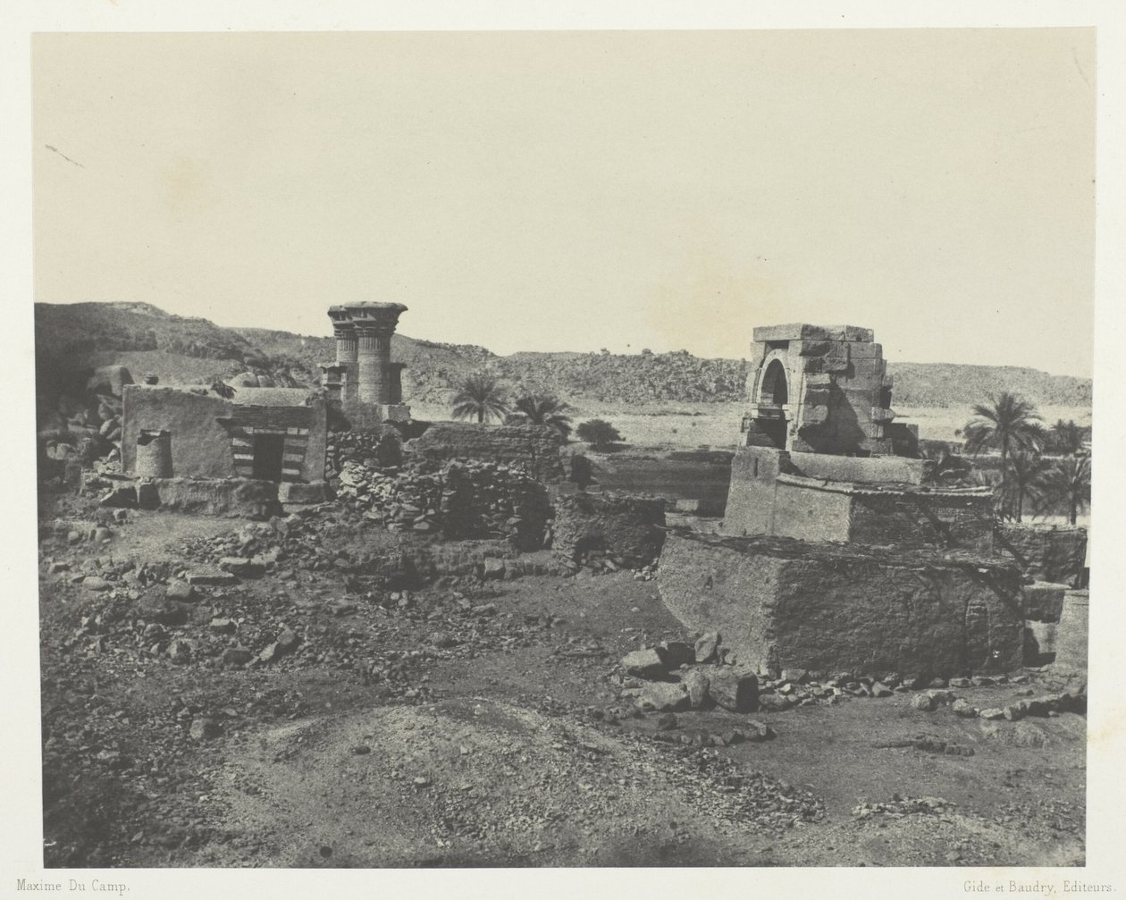 Aldeia e templo na ilha de Beghé, a oeste de Philoe; Núbia, chapa 81 do álbum "Egypte, Nubie, Palestine et Syrie" (1852) de Maxime Du Camp
