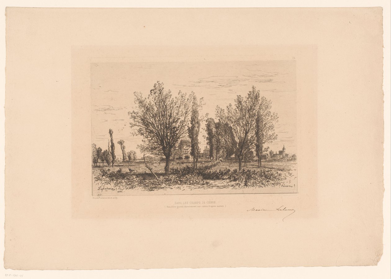Paisagem com um prado e uma vista de uma cidade Dance les champs de Cenon. (título no objeto) de Maxime François Antoine Lalanne (signed by artist)