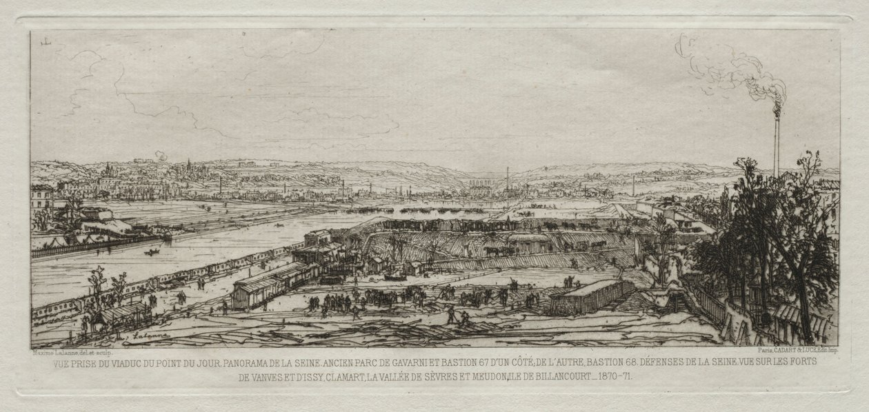 Lembrança artística do cerco de Paris: Vista tirada do viaduto de Pont-du-Jour ..., 1870-71. de Maxime Lalanne