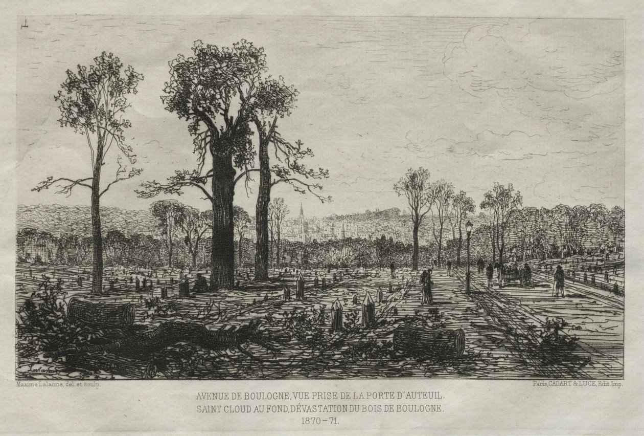 Memórias artísticas do cerco de Paris: Avenue de Boulogne, Vue Tomada da Porte d&39;Auteuil ..., 1879 de Maxime Lalanne