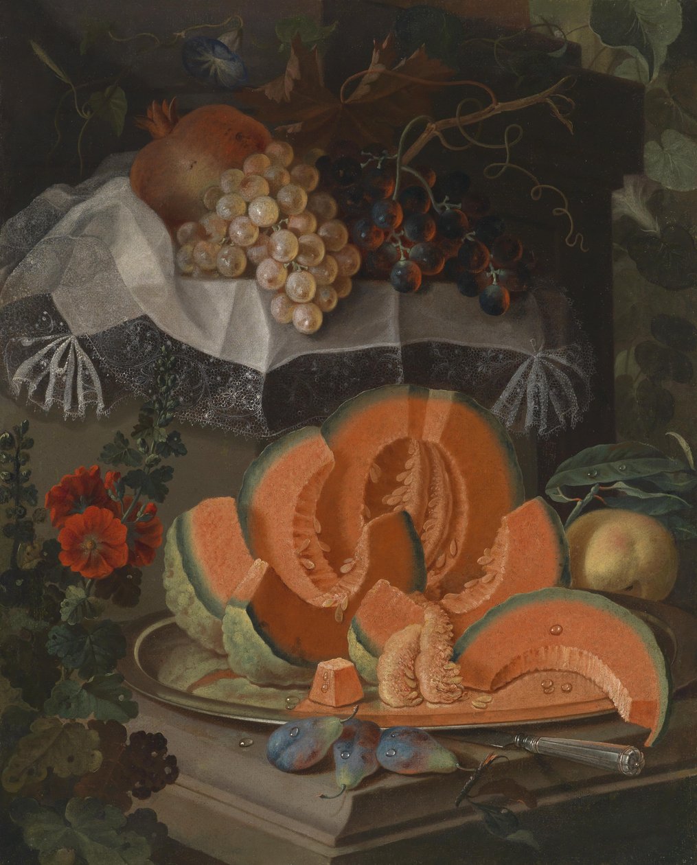Ainda vida com abóbora e uvas cortadas de Maximilian Pfeiler