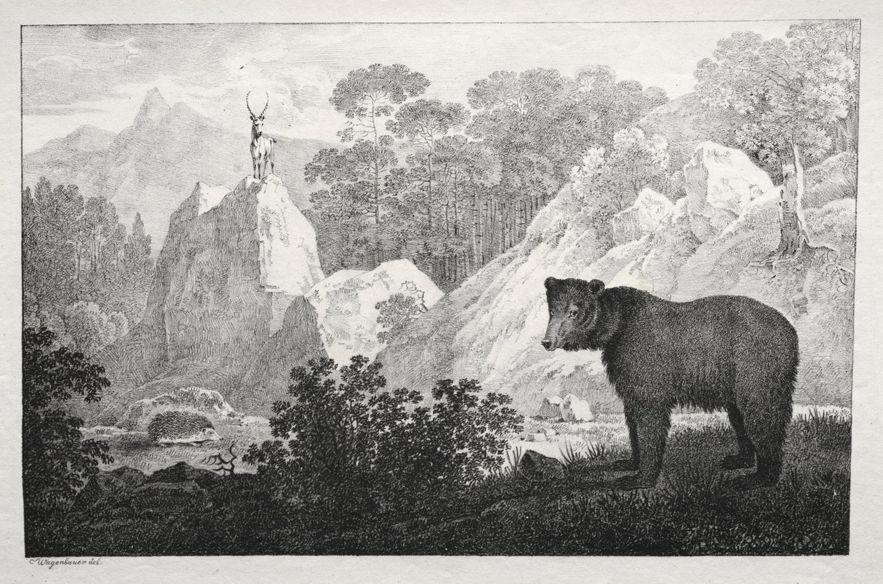 Paisagem montanhosa com urso em primeiro plano de Maximilian Josef Wagenbauer