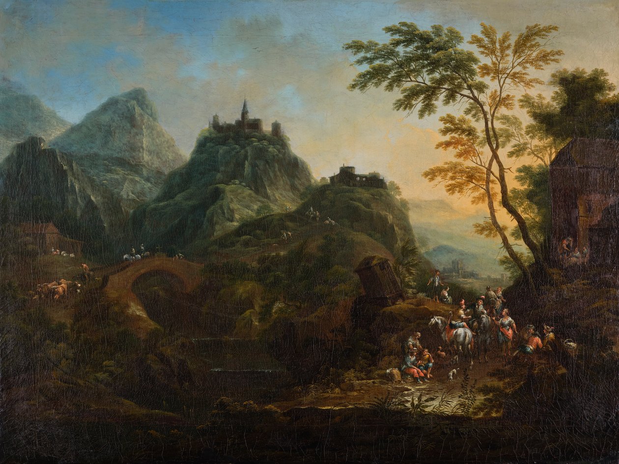 Paisagem de montanha ideal com ponte de Maximilian Joseph Schinnagl