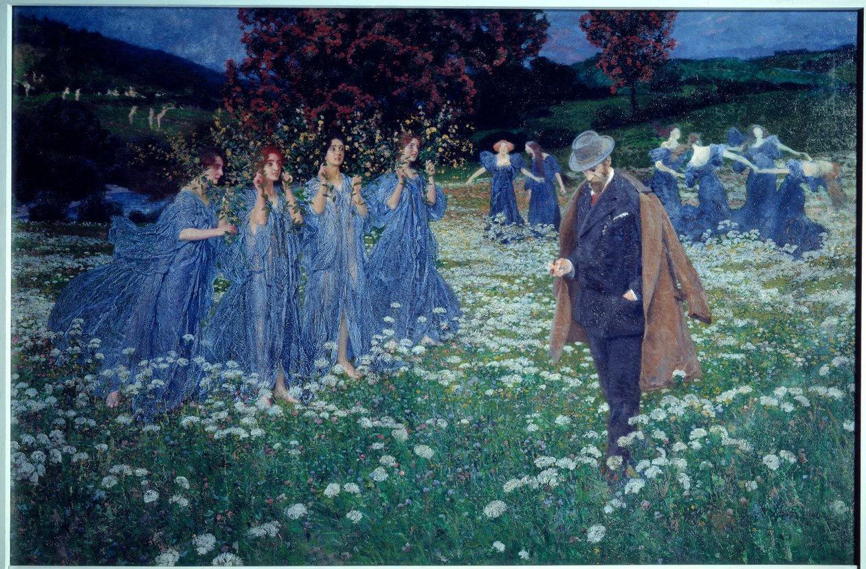 Reverie, uma paisagem mundial semelhante a um sonho, um homem atravessa um povo de campo de taxas. Pintura de Maximilian Lenz (1860-1948) de Maximilian Lenz