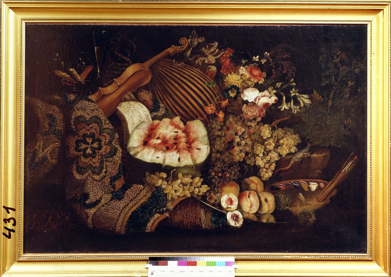 Natureza morta. Flores, melancia, damascos, uvas, partitura, violino, bandolim, laxante e paleta com tintas e pincéis. Pintura por Maximilian Pfeiler (ca. 1660-1720) de Maximilian Pfeiler