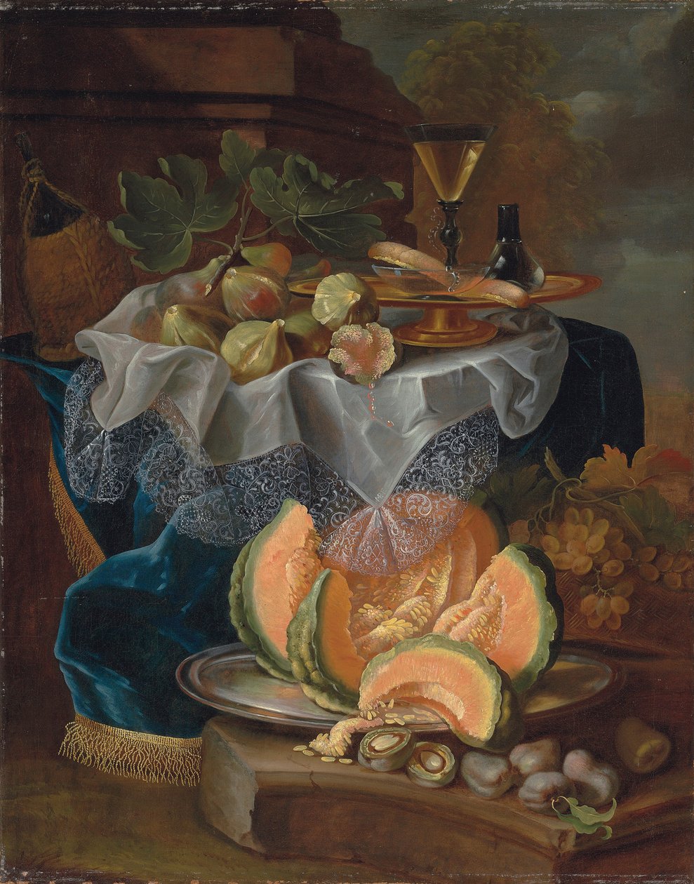 Figos, uma tazza dourada com um copo de vinho facon-de-venise, sobre uma mesa coberta, um melão cortado em uma bandeja de estanho com ameixas em um rodapé de Maximilian Pfeiler or Pfeiller
