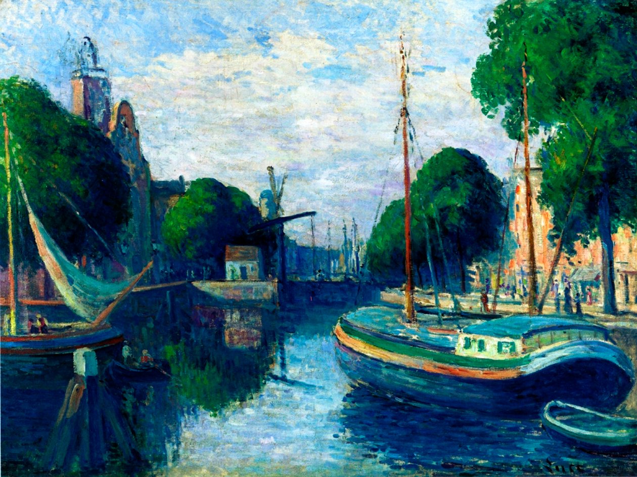Barcaças em um canal em Roterdão, 1908 de Maximilien Luce